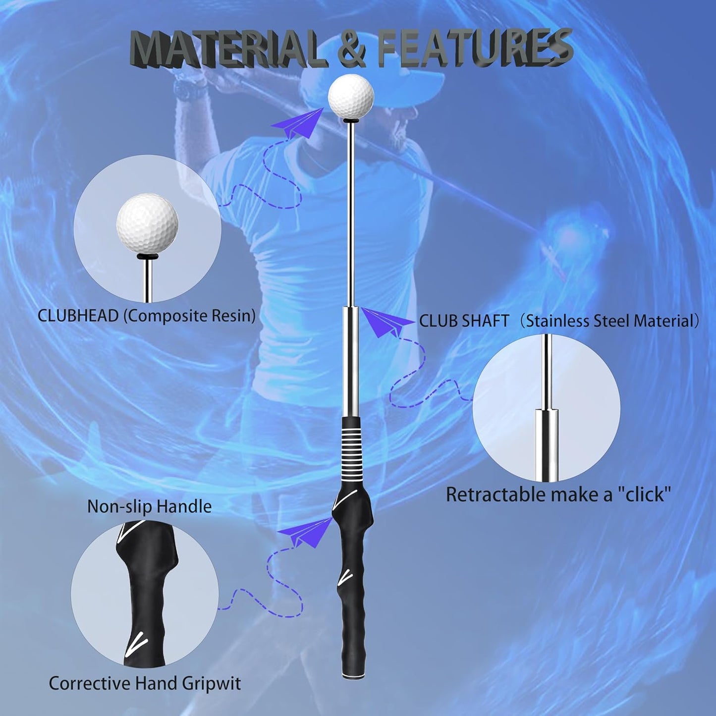 Retractable Golf Swing Trainer - Right-Handed Grip & Swing Aid for Warm-Up, Indoor Practice, Strength & Tempo Training - Ideal Golf Accessories for Chipping and Hitting